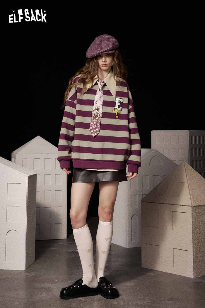 ELFSACK Soft Character Embroidery Stripe Sweatshirt