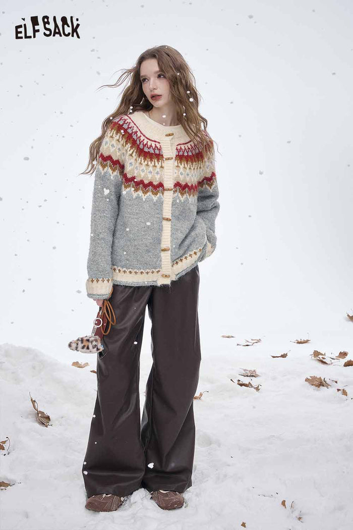 ELFSACK Soft Christmas Party Striped Toggle Round Neck Sweater