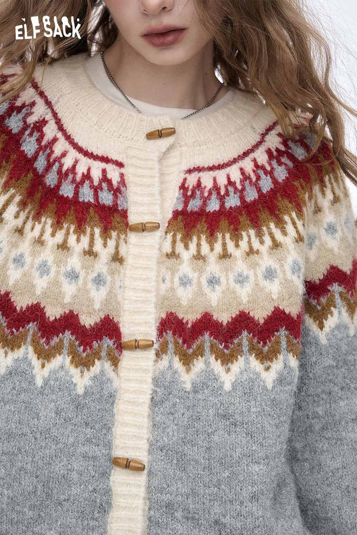 ELFSACK Soft Christmas Party Striped Toggle Round Neck Sweater