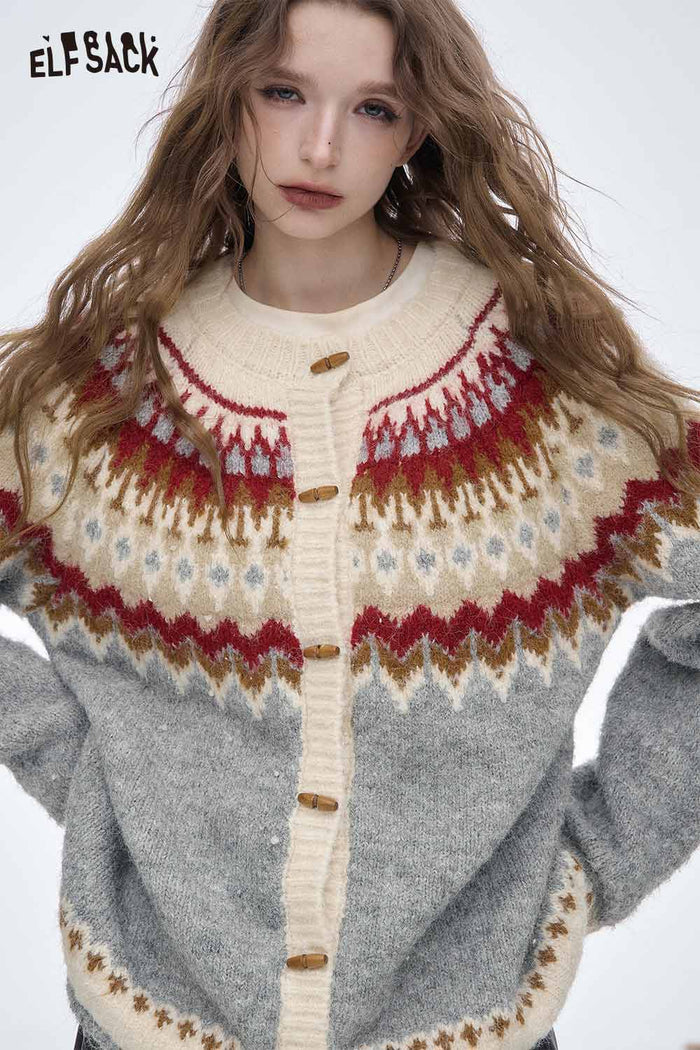 ELFSACK Soft Christmas Party Striped Toggle Round Neck Sweater