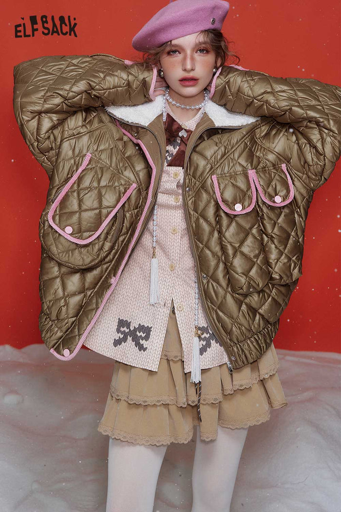 ELFSACK Soft Color Block Deconstructed Quilted Faux Fur Lapel Cotton Coat