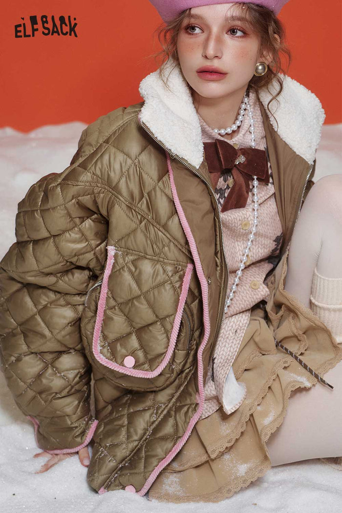 ELFSACK Soft Color Block Deconstructed Quilted Faux Fur Lapel Cotton Coat