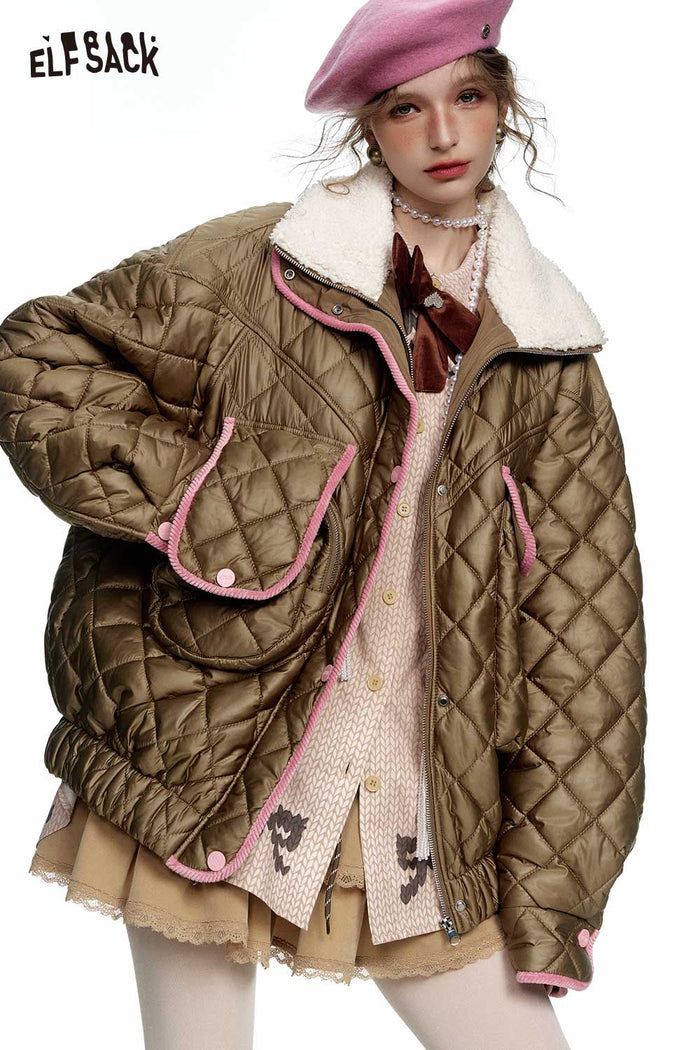 ELFSACK Soft Color Block Deconstructed Quilted Faux Fur Lapel Cotton Coat