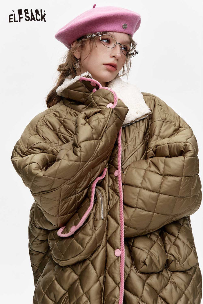 ELFSACK Soft Color Block Deconstructed Quilted Faux Fur Lapel Cotton Coat