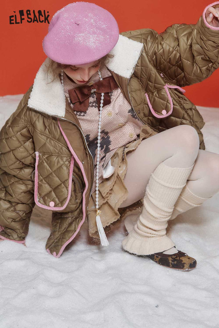 ELFSACK Soft Color Block Deconstructed Quilted Faux Fur Lapel Cotton Coat