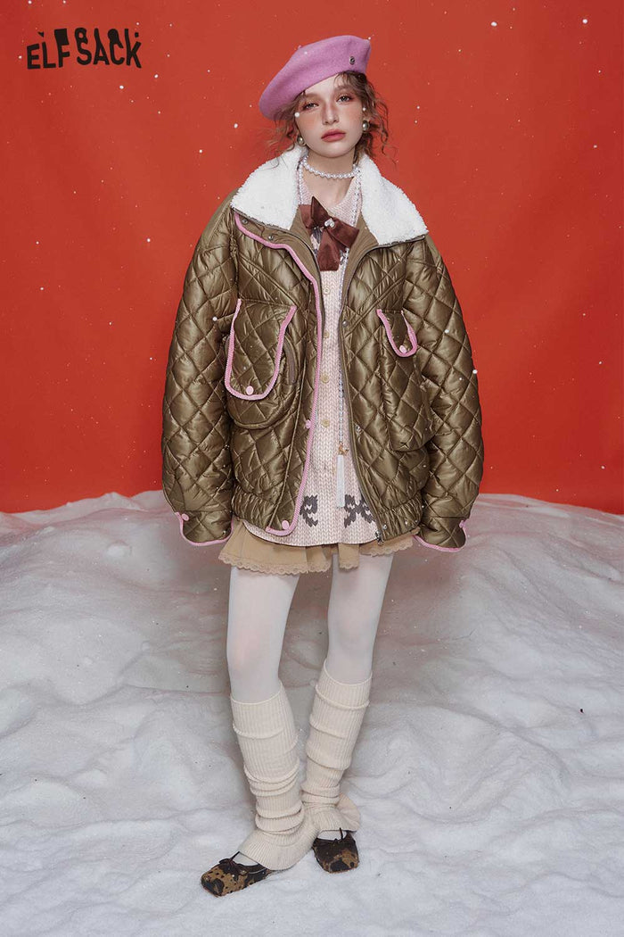 ELFSACK Soft Color Block Deconstructed Quilted Faux Fur Lapel Cotton Coat