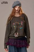 ELFSACK Soft Colorful Logo Letter Embroidery Knit Round Neck Sweater