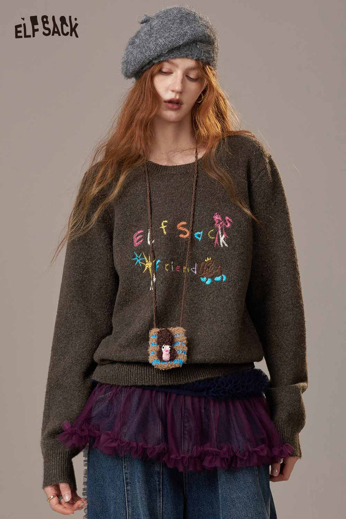 ELFSACK Soft Colorful Logo Letter Embroidery Knit Round Neck Sweater