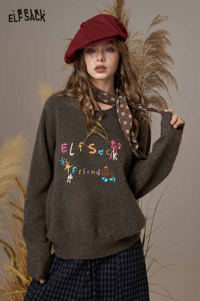 ELFSACK Soft Colorful Logo Letter Embroidery Knit Round Neck Sweater
