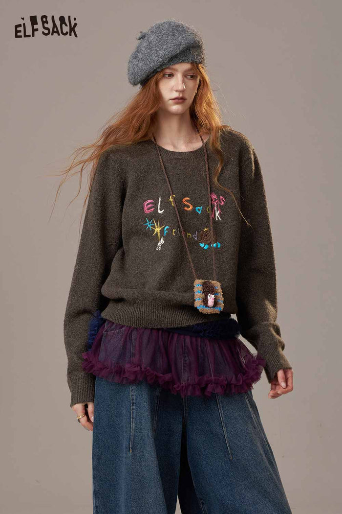 ELFSACK Soft Colorful Logo Letter Embroidery Knit Round Neck Sweater