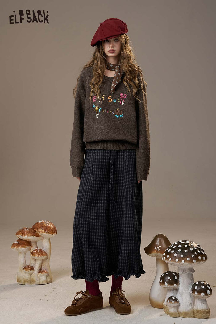 ELFSACK Soft Colorful Logo Letter Embroidery Knit Round Neck Sweater
