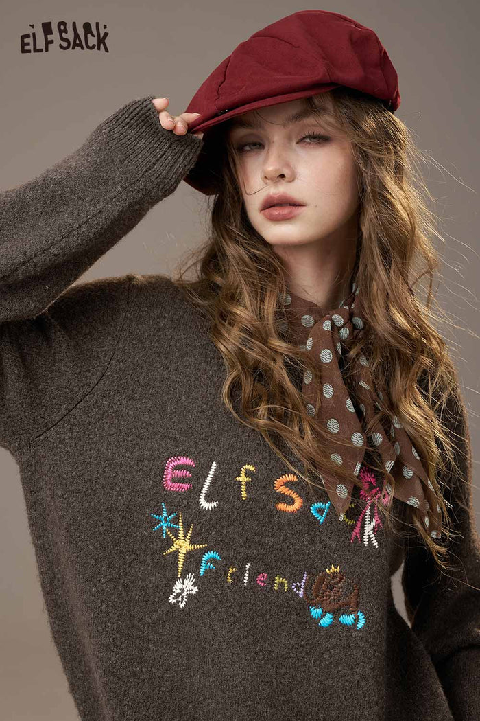 ELFSACK Soft Colorful Logo Letter Embroidery Knit Round Neck Sweater