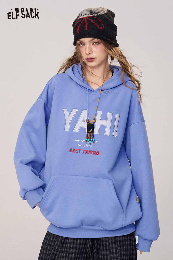 ELFSACK Soft Cotton Logo Lettering Loose Fit Hooded Sweatshirt