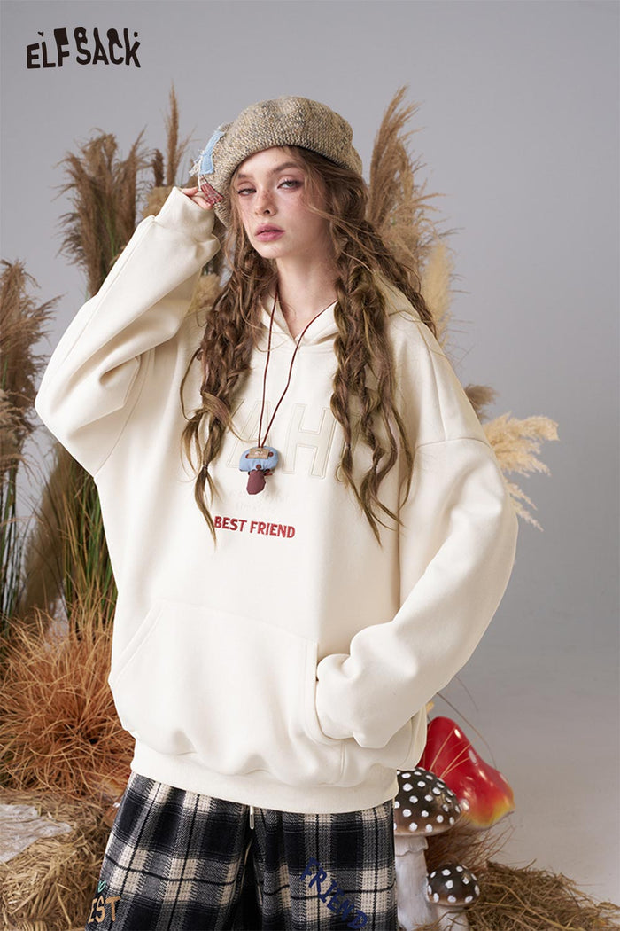 ELFSACK Soft Cotton Logo Lettering Loose Fit Hooded Sweatshirt