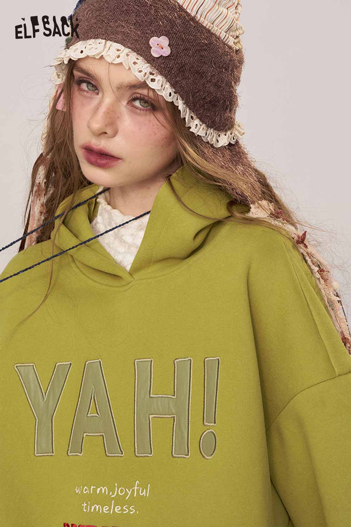 ELFSACK Soft Cotton Logo Lettering Loose Fit Hooded Sweatshirt