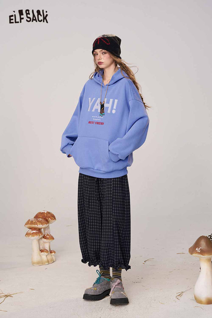 ELFSACK Soft Cotton Logo Lettering Loose Fit Hooded Sweatshirt