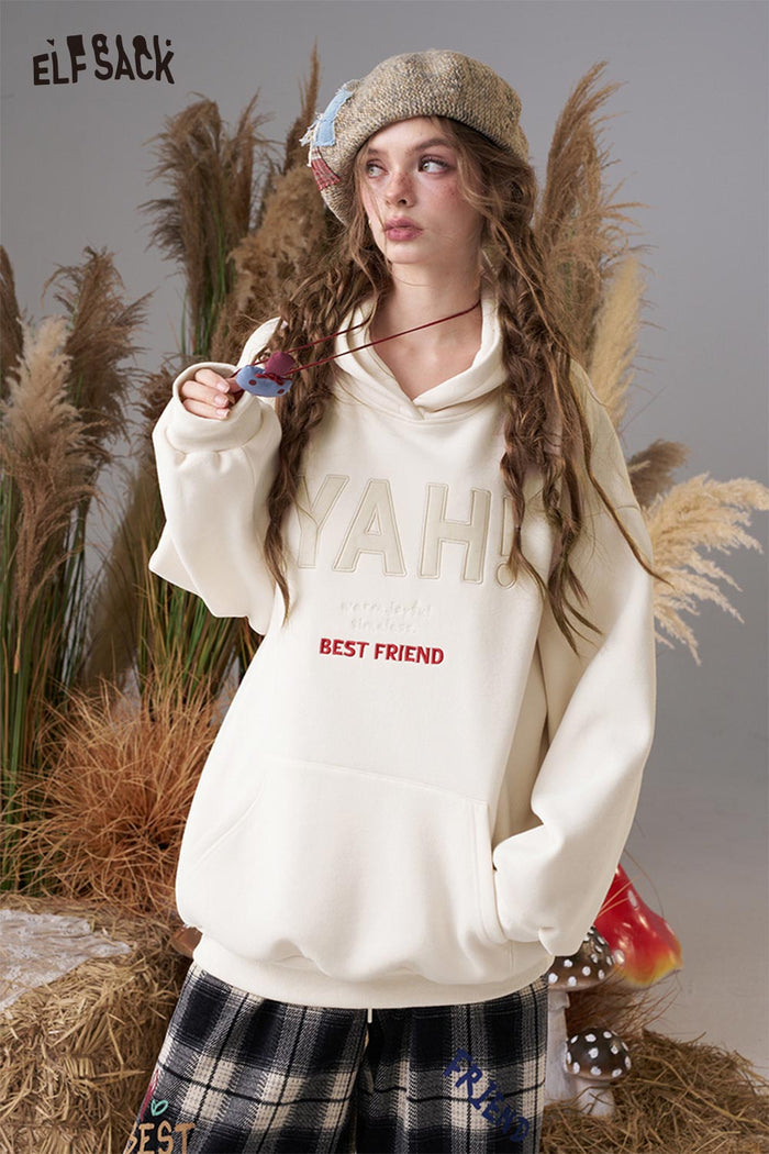 ELFSACK Soft Cotton Logo Lettering Loose Fit Hooded Sweatshirt