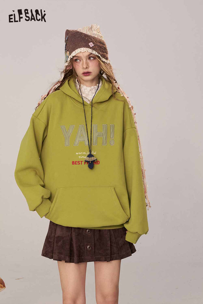 ELFSACK Soft Cotton Logo Lettering Loose Fit Hooded Sweatshirt