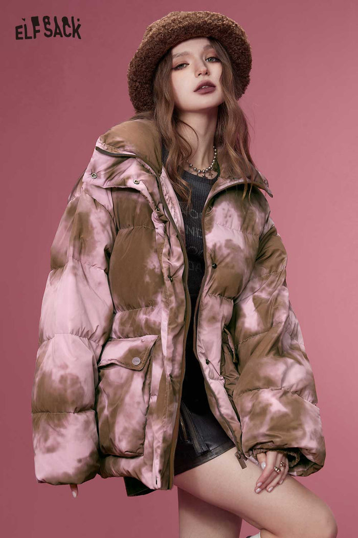 ELFSACK Soft Design Insulated Short Rose Print Down Jacket