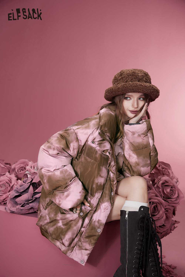 ELFSACK Soft Design Insulated Short Rose Print Down Jacket