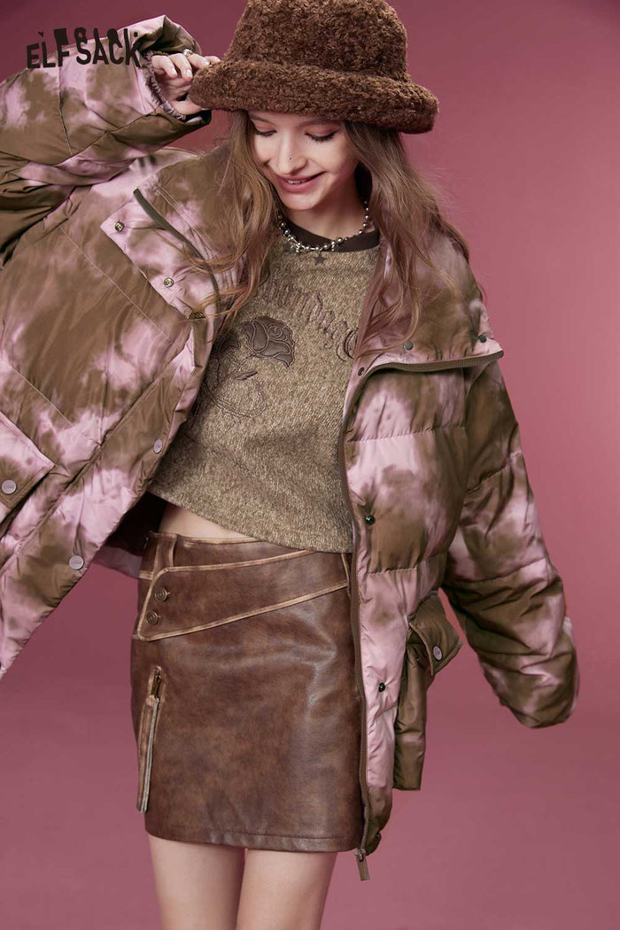 ELFSACK Soft Design Insulated Short Rose Print Down Jacket