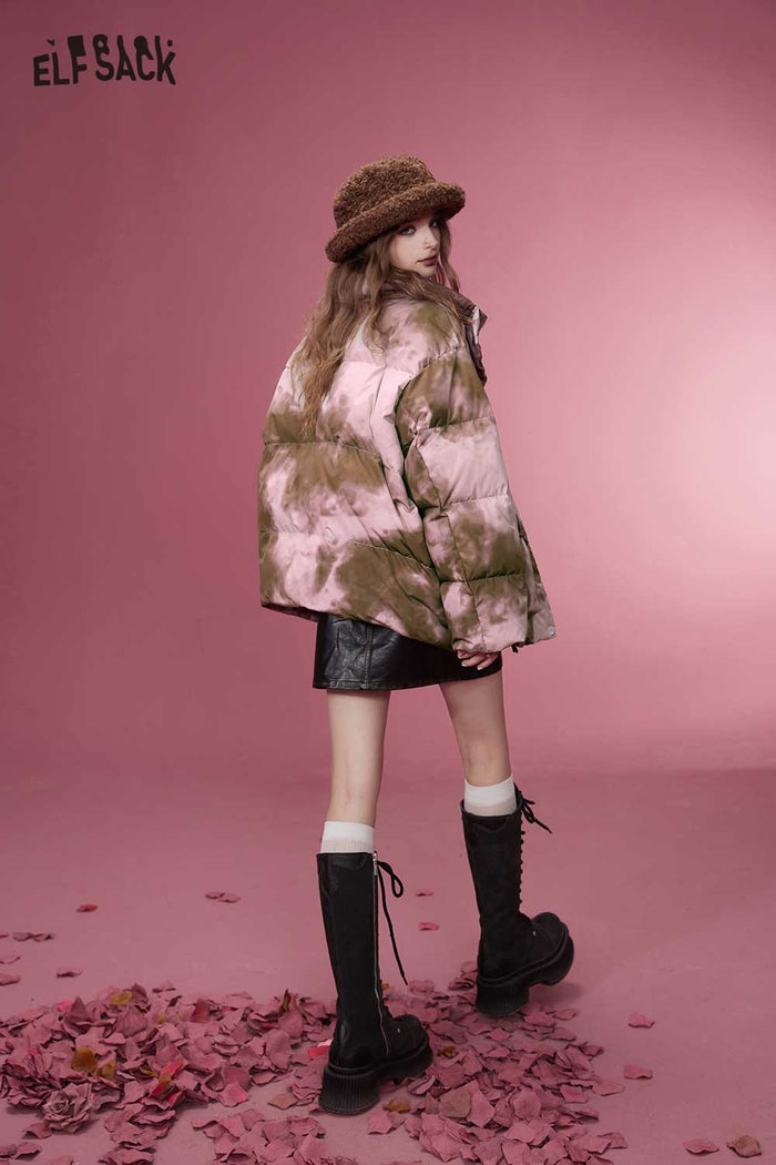 ELFSACK Soft Design Insulated Short Rose Print Down Jacket