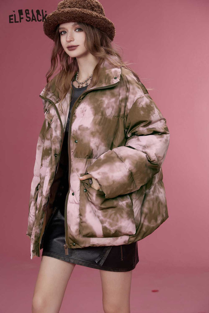 ELFSACK Soft Design Insulated Short Rose Print Down Jacket