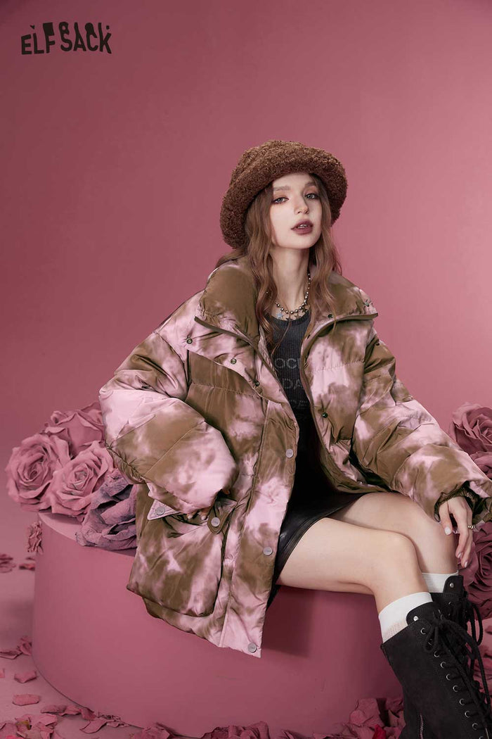 ELFSACK Soft Design Insulated Short Rose Print Down Jacket