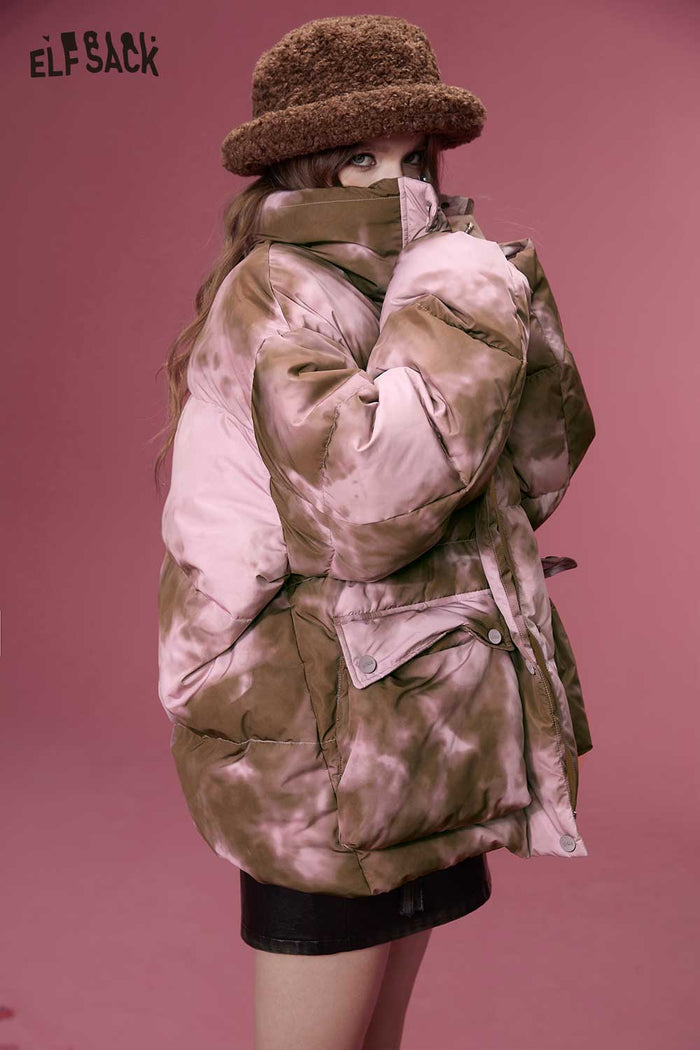 ELFSACK Soft Design Insulated Short Rose Print Down Jacket