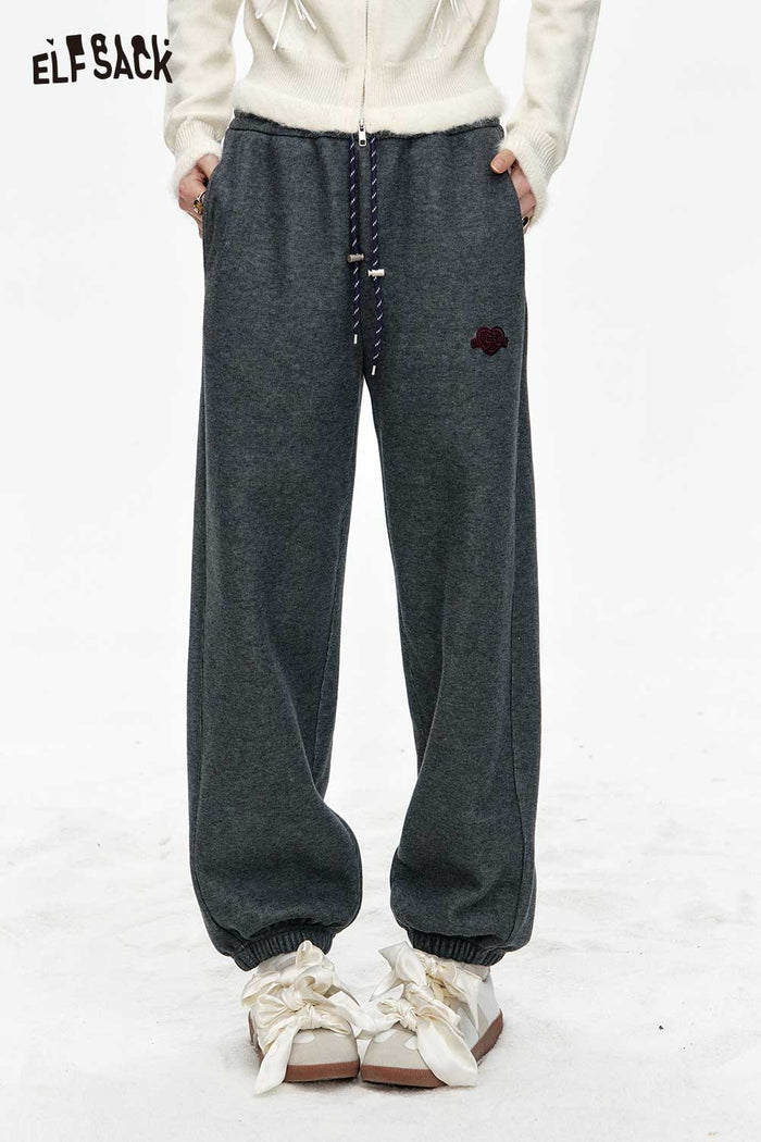 ELFSACK Soft Embroidered Solid Fleece Lined Sport Cuffed Pants