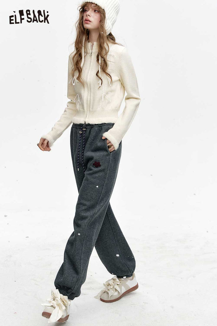 ELFSACK Soft Embroidered Solid Fleece Lined Sport Cuffed Pants