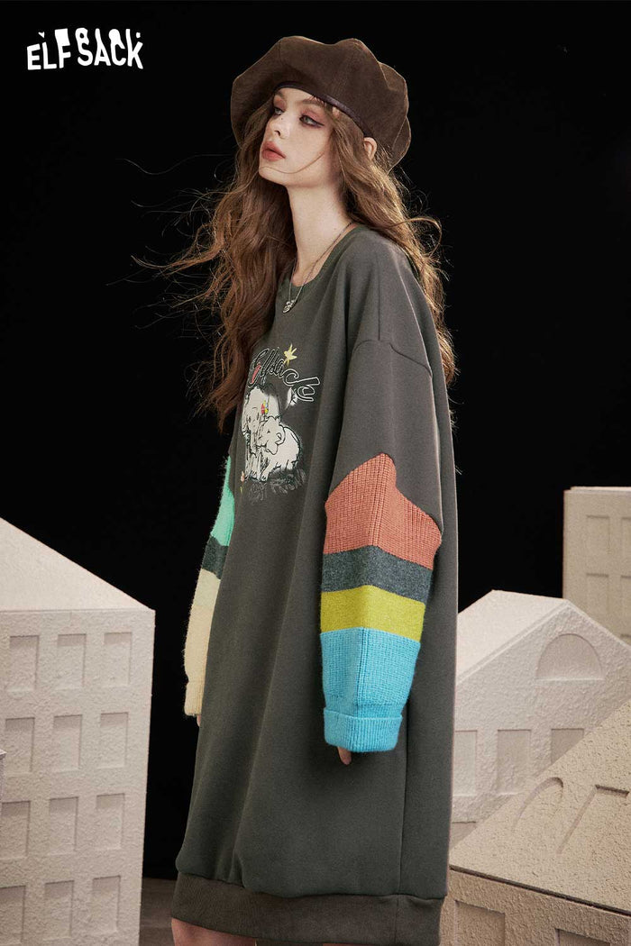 ELFSACK Soft Fleece Color Block Panel Cartoon Elephant Print Hoodie Dress