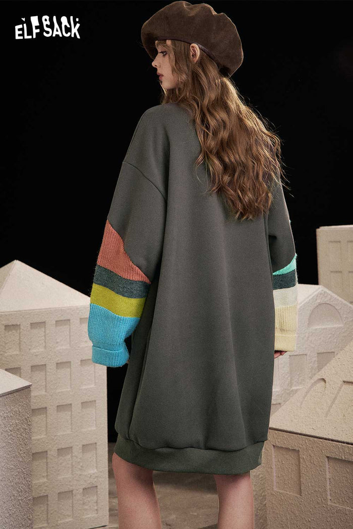 ELFSACK Soft Fleece Color Block Panel Cartoon Elephant Print Hoodie Dress
