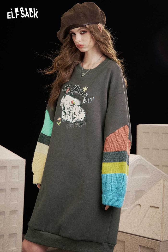 ELFSACK Soft Fleece Color Block Panel Cartoon Elephant Print Hoodie Dress