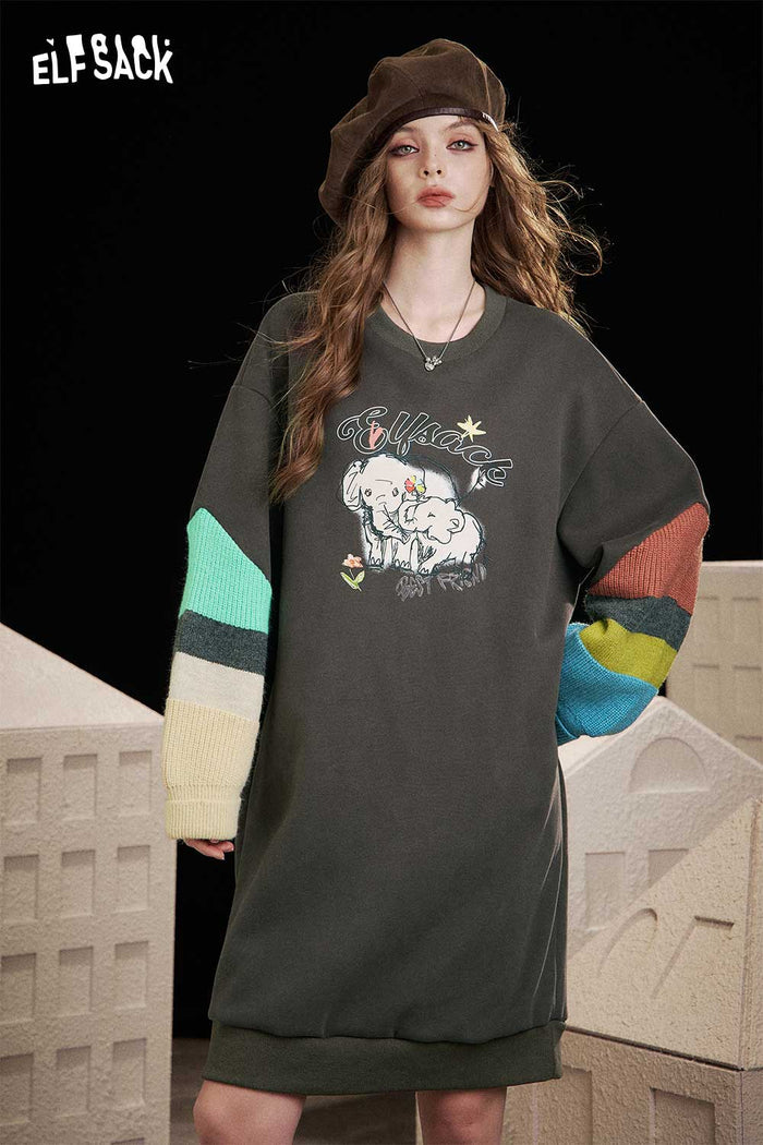 ELFSACK Soft Fleece Color Block Panel Cartoon Elephant Print Hoodie Dress