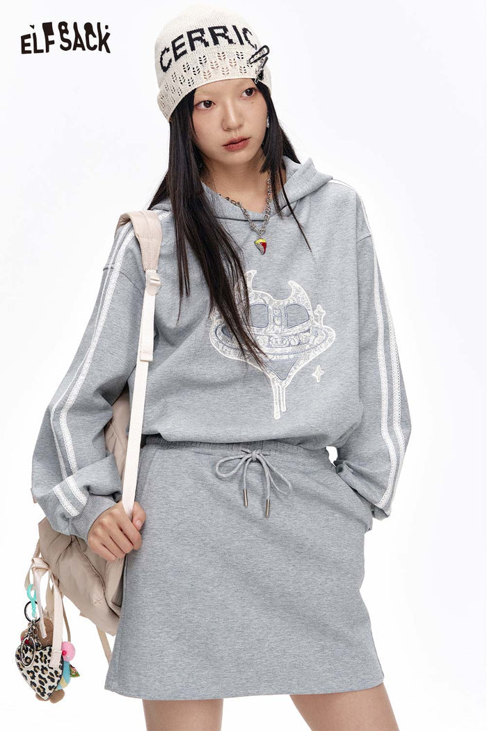 ELFSACK Soft Fleece Grey Print Hoodie Dress