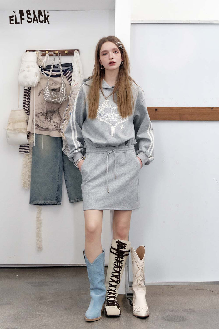 ELFSACK Soft Fleece Grey Print Hoodie Dress