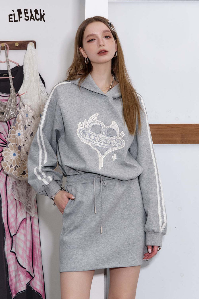ELFSACK Soft Fleece Grey Print Hoodie Dress