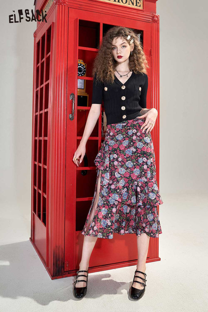 ELFSACK Soft Floral High Waist A-Line Ruffle Slit Skirt