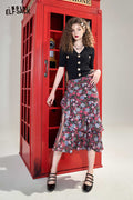 ELFSACK Soft Floral High Waist A-Line Ruffle Slit Skirt