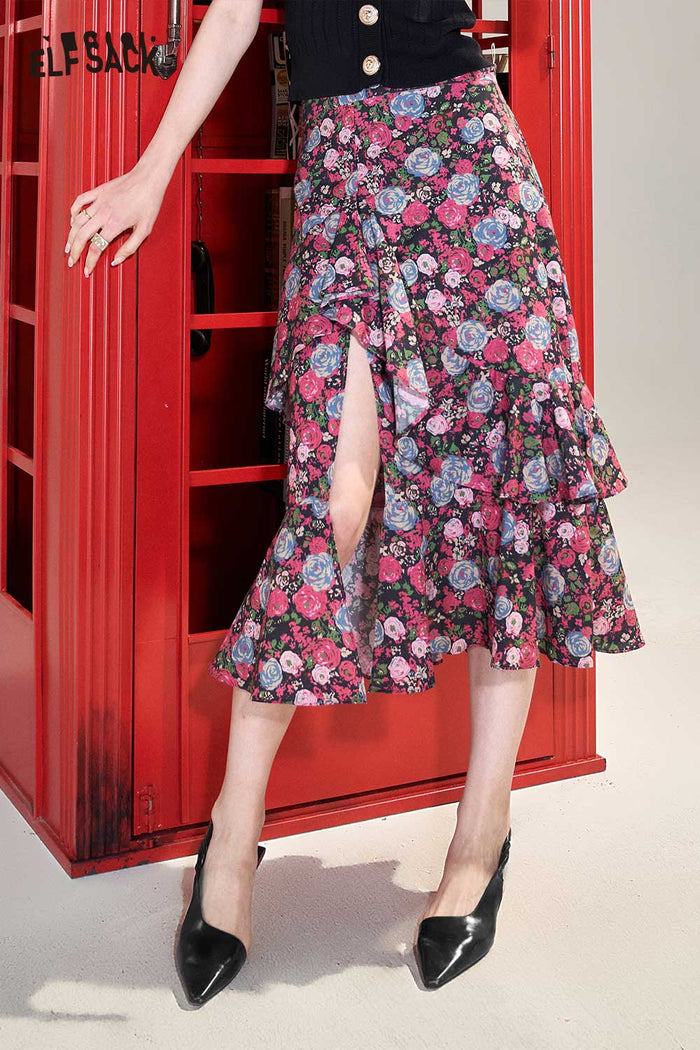 ELFSACK Soft Floral High Waist A-Line Ruffle Slit Skirt