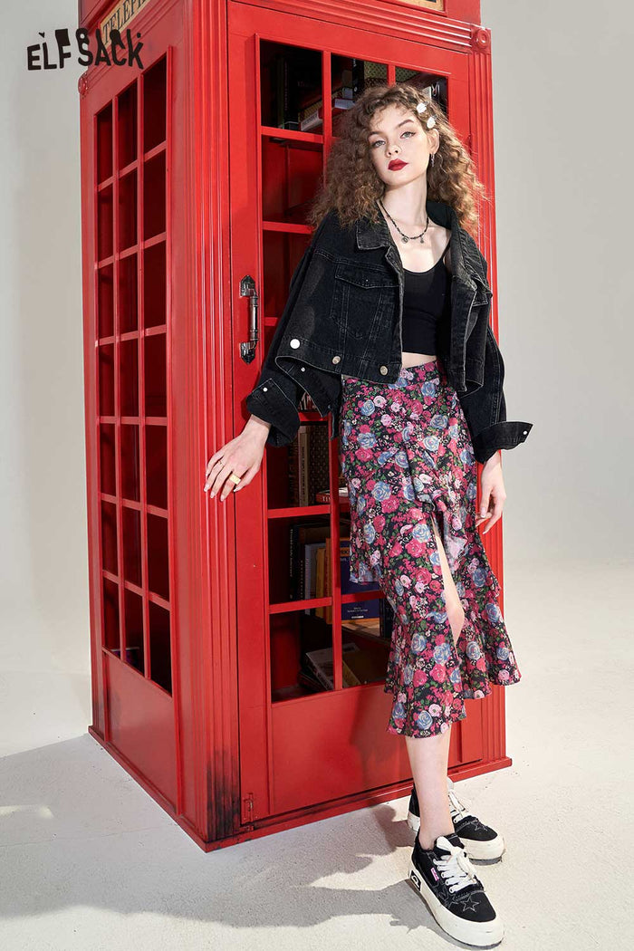 ELFSACK Soft Floral High Waist A-Line Ruffle Slit Skirt