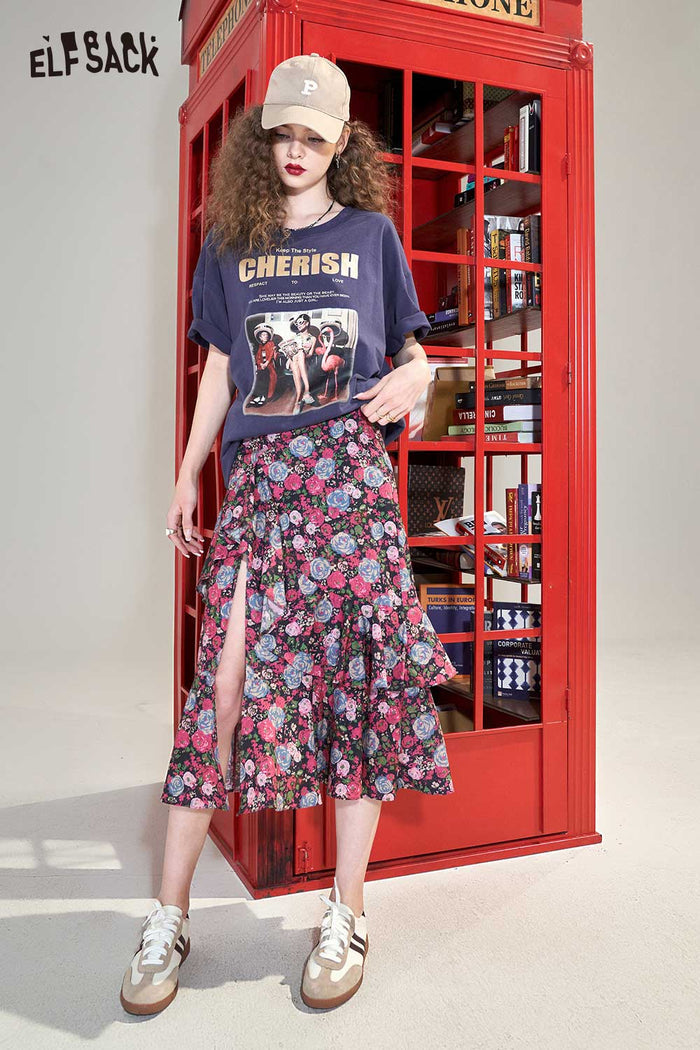 ELFSACK Soft Floral High Waist A-Line Ruffle Slit Skirt