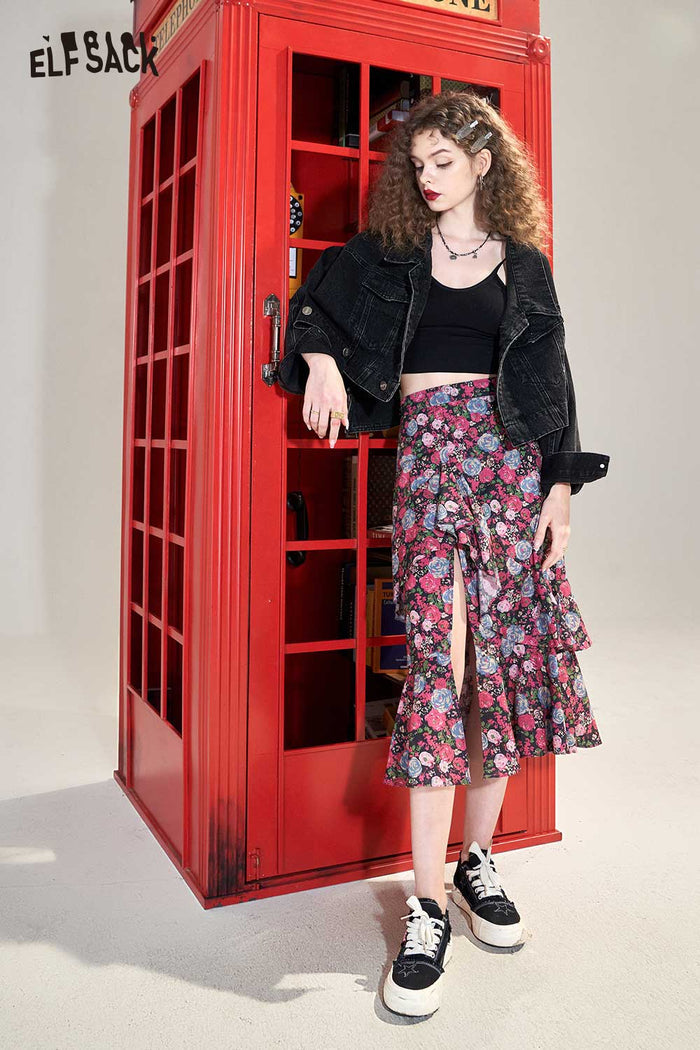 ELFSACK Soft Floral High Waist A-Line Ruffle Slit Skirt