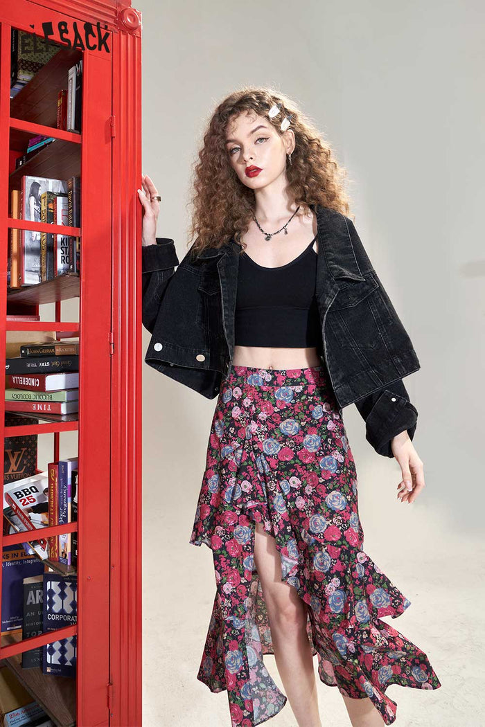 ELFSACK Soft Floral High Waist A-Line Ruffle Slit Skirt