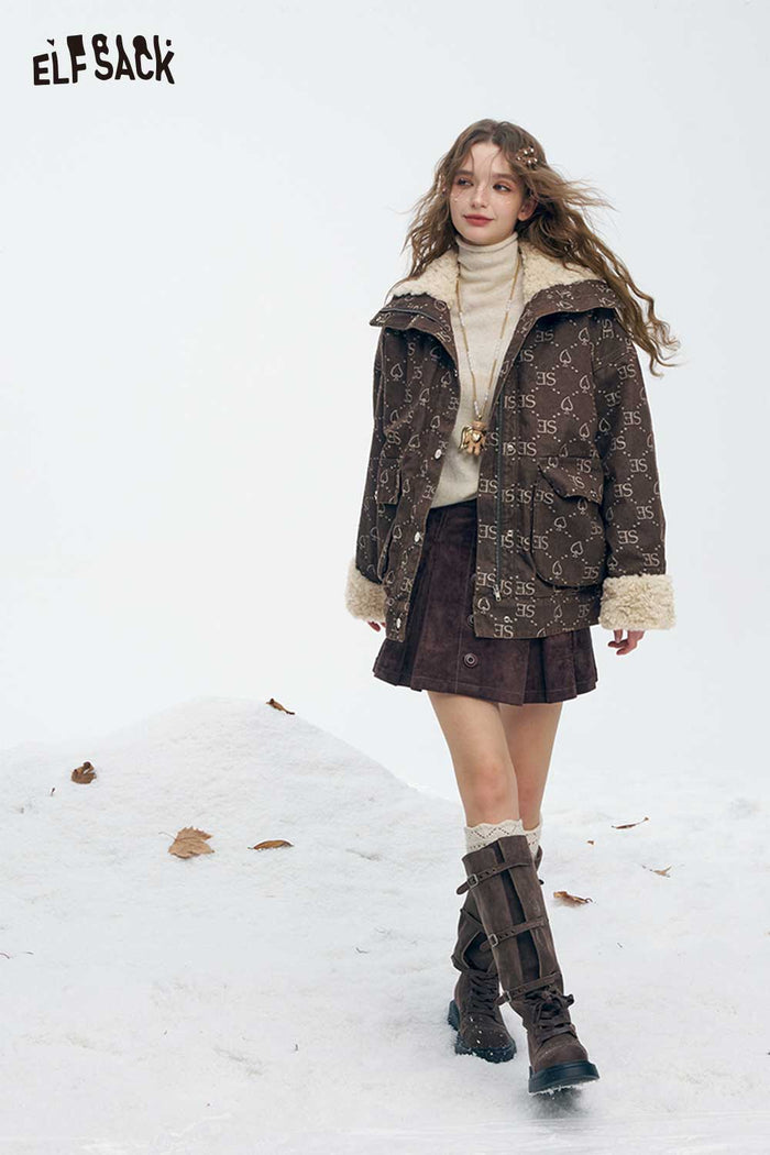ELFSACK Soft Full Printing Letter Graphic Plush Lapel Plush Cuff Coat