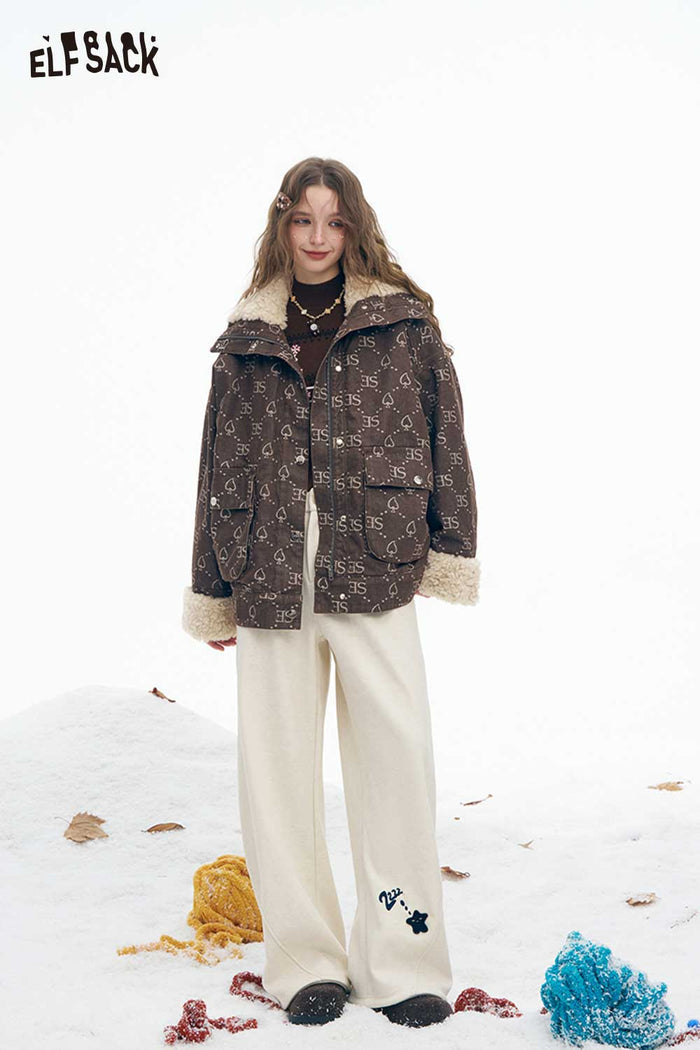 ELFSACK Soft Full Printing Letter Graphic Plush Lapel Plush Cuff Coat