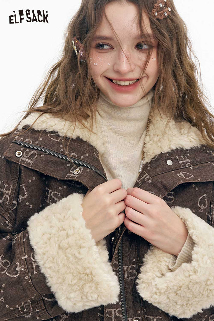 ELFSACK Soft Full Printing Letter Graphic Plush Lapel Plush Cuff Coat