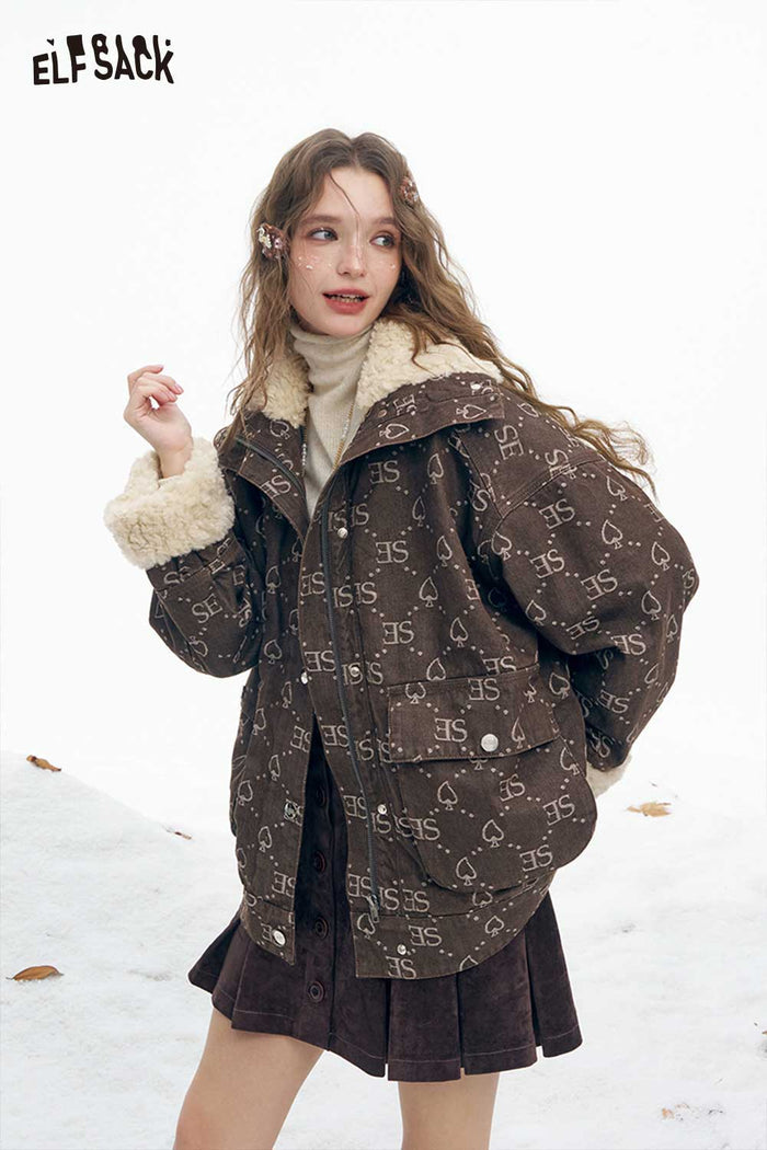 ELFSACK Soft Full Printing Letter Graphic Plush Lapel Plush Cuff Coat
