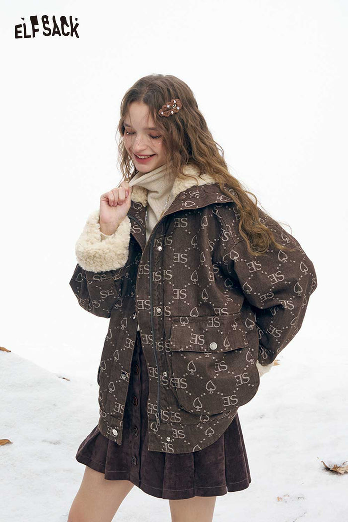 ELFSACK Soft Full Printing Letter Graphic Plush Lapel Plush Cuff Coat